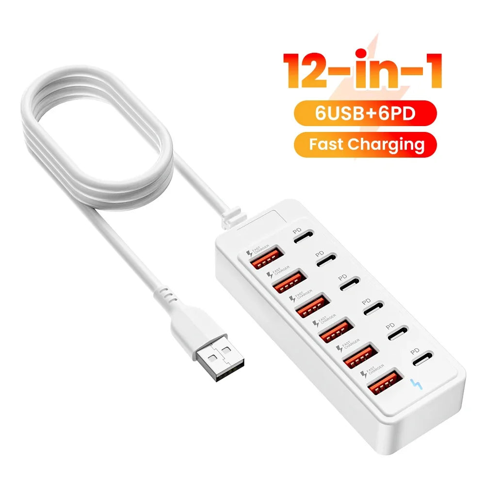 12 in 1 Power Strip Multi Port Fast Charger Station with USB C Desktop Wall Adapter Type C Hub for iPhone Samsung Home Office