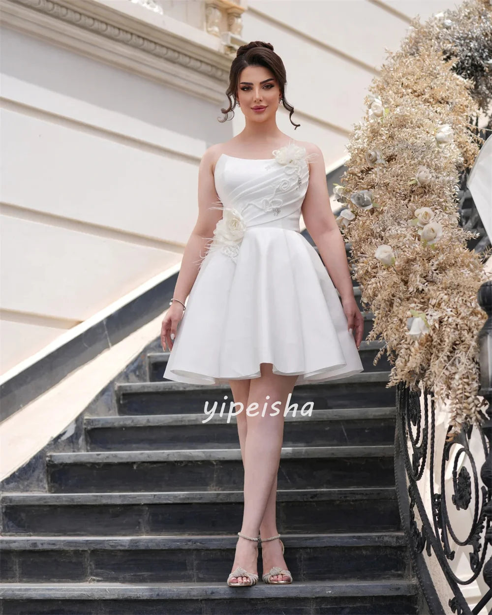 Customized High Quality Classic Handmade Flower Feather A-line Strapless Mini Dresses Bespoke Occasion Dresses Sizes Available