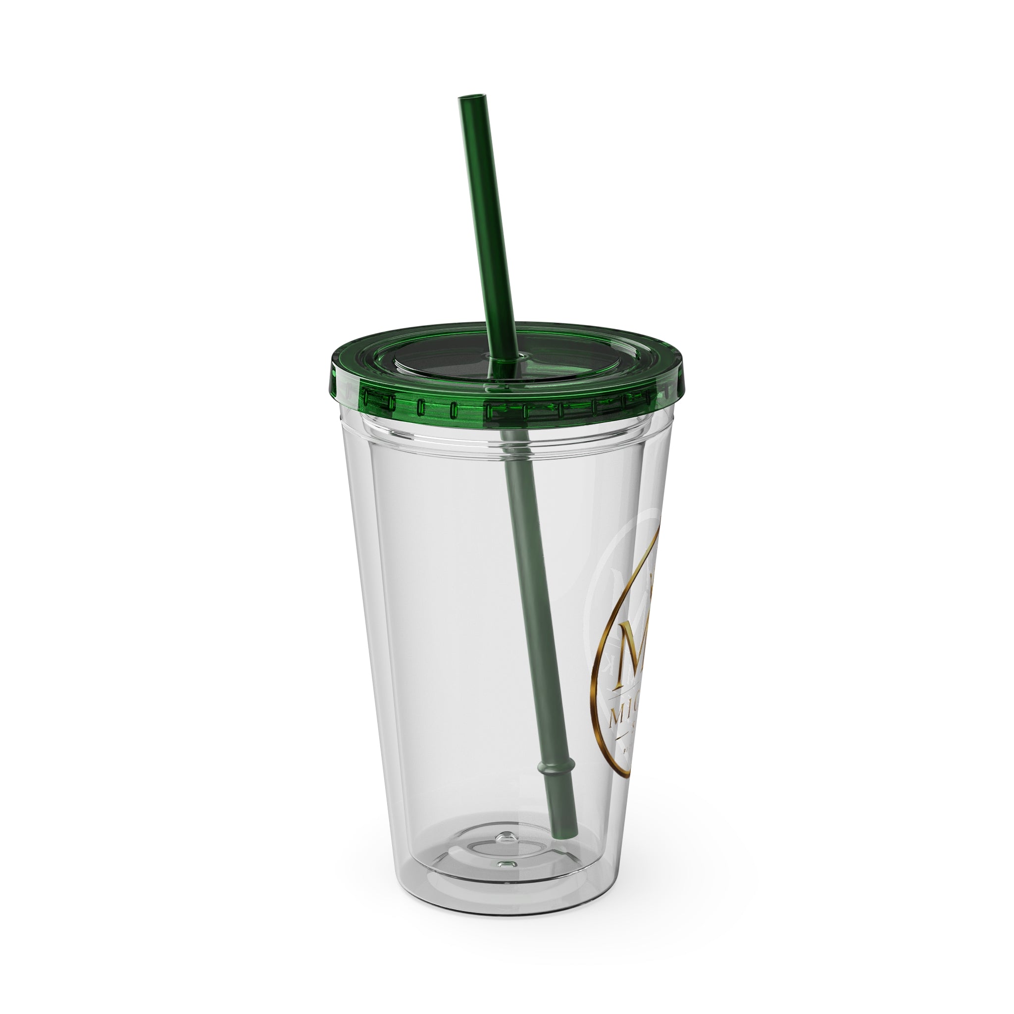 16oz Clear Tumbler with Straw — Gold Monogram 'MM' Crown Logo