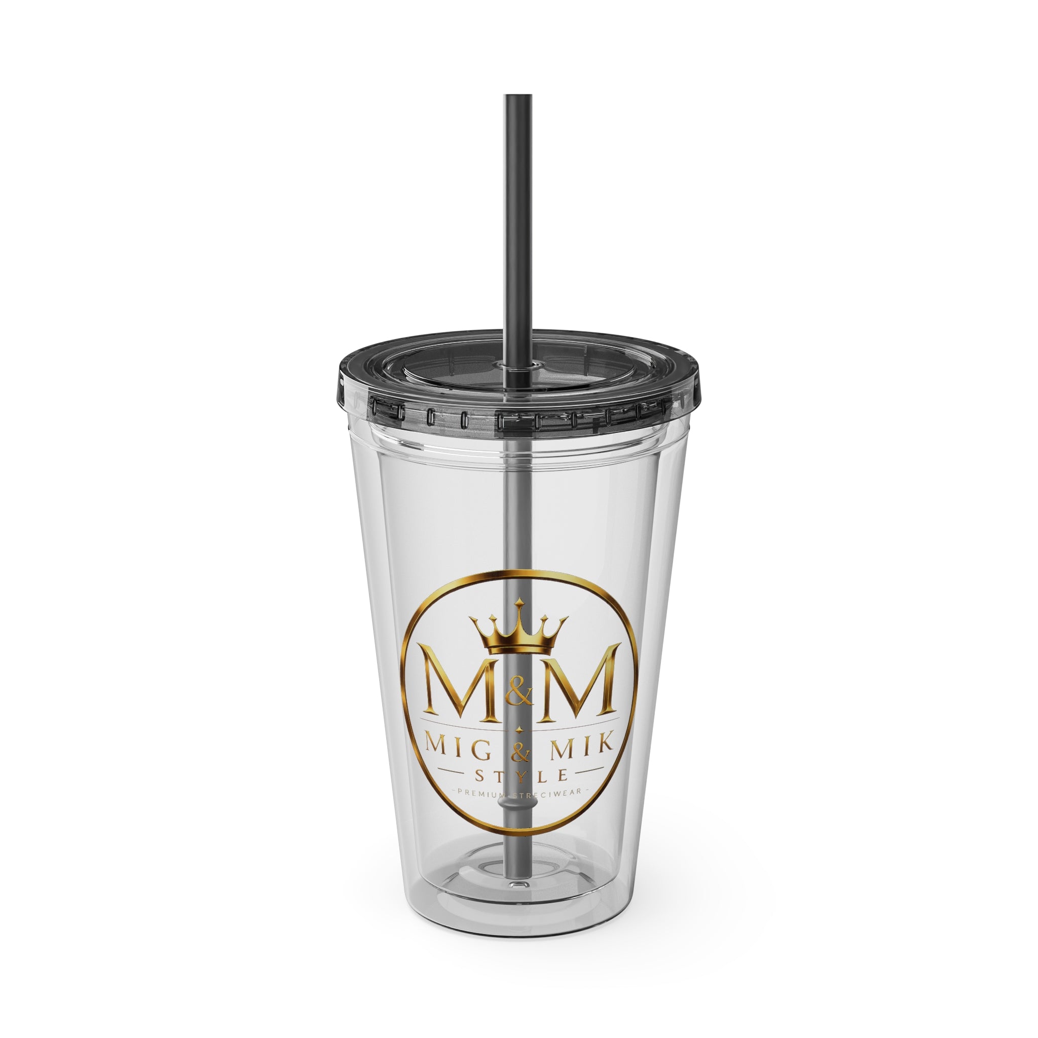 16oz Clear Tumbler with Straw — Gold Monogram 'MM' Crown Logo