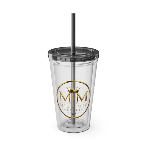 16oz Clear Tumbler with Straw — Gold Monogram 'MM' Crown Logo