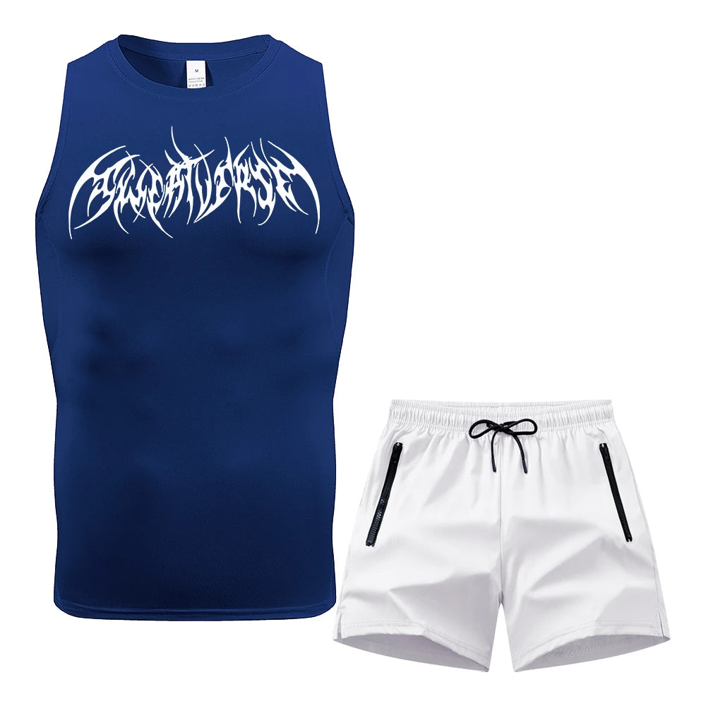 Men Compression Training Set Sleeveless Tank Top Wing Spiky Text Print Double Zipper Pocket Shorts Quick Dry Athletic Gym Suit