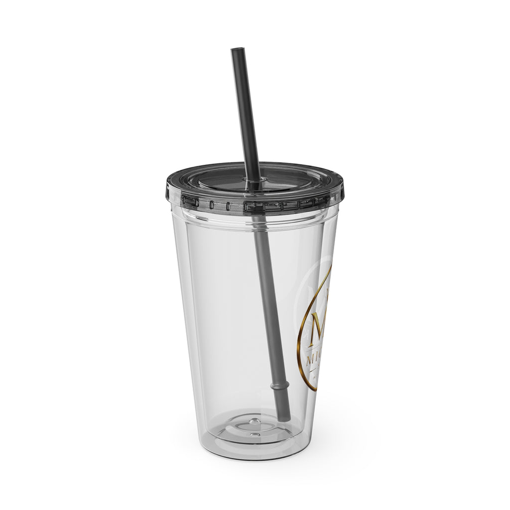 16oz Clear Tumbler with Straw — Gold Monogram 'MM' Crown Logo