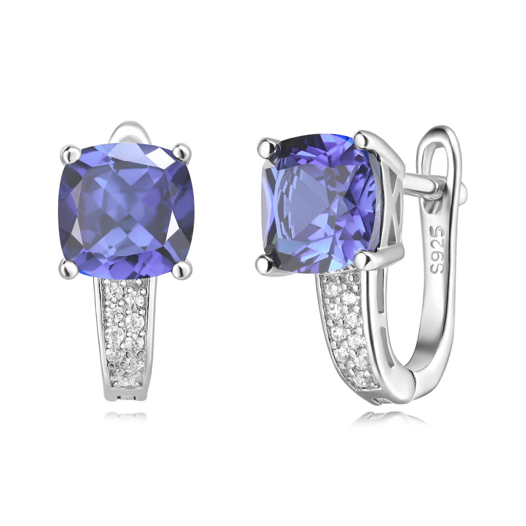 Potiy Cushion Created Sapphire Nano Emerald Tanzanite  Hoop Earrings 925 Sterling Silver for Women Daily Party Jewelry sets gift