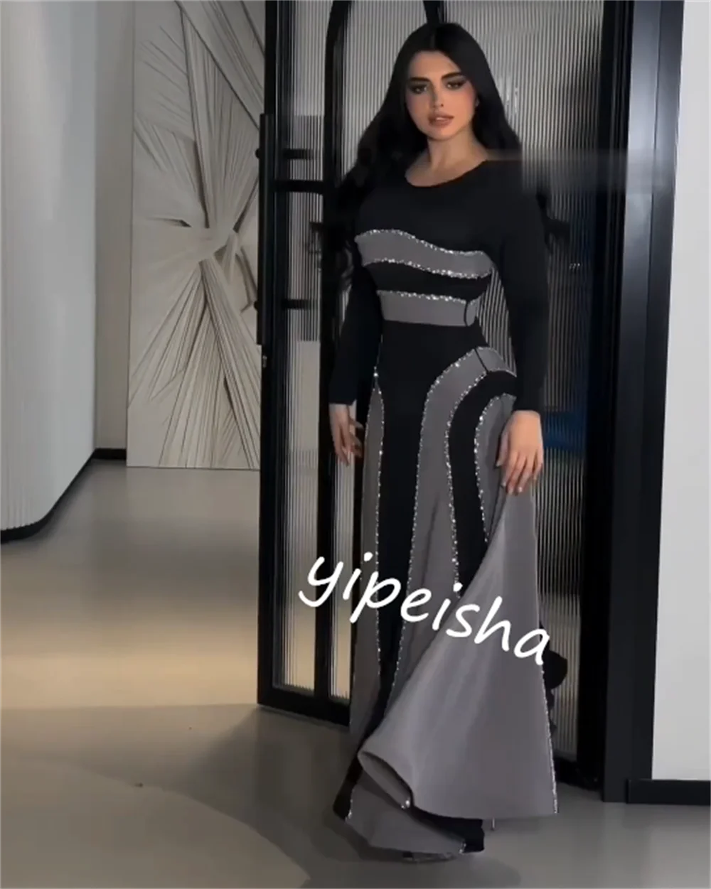 Customized Sparkle Exquisite Jersey Draped Beading Evening A-line O-Neck Bespoke Occasion Gown Midi Dresses