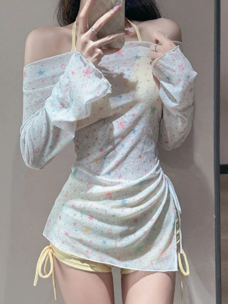 2026 New Summer Women's Korean Style Bikini Set Sweet Girl Beach Vacation Swimsuit Slimming Long Sleeve Cover Up