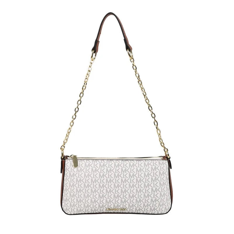 Sleek Monogram Print Handbag, Timeless Chain Strap Design with Clean, Modern Lines Polished Patterned Shoulder Bag