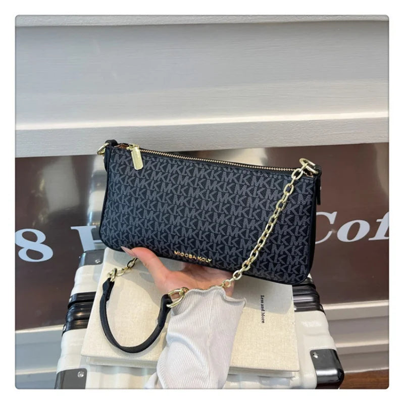 Sleek Monogram Print Handbag, Timeless Chain Strap Design with Clean, Modern Lines Polished Patterned Shoulder Bag