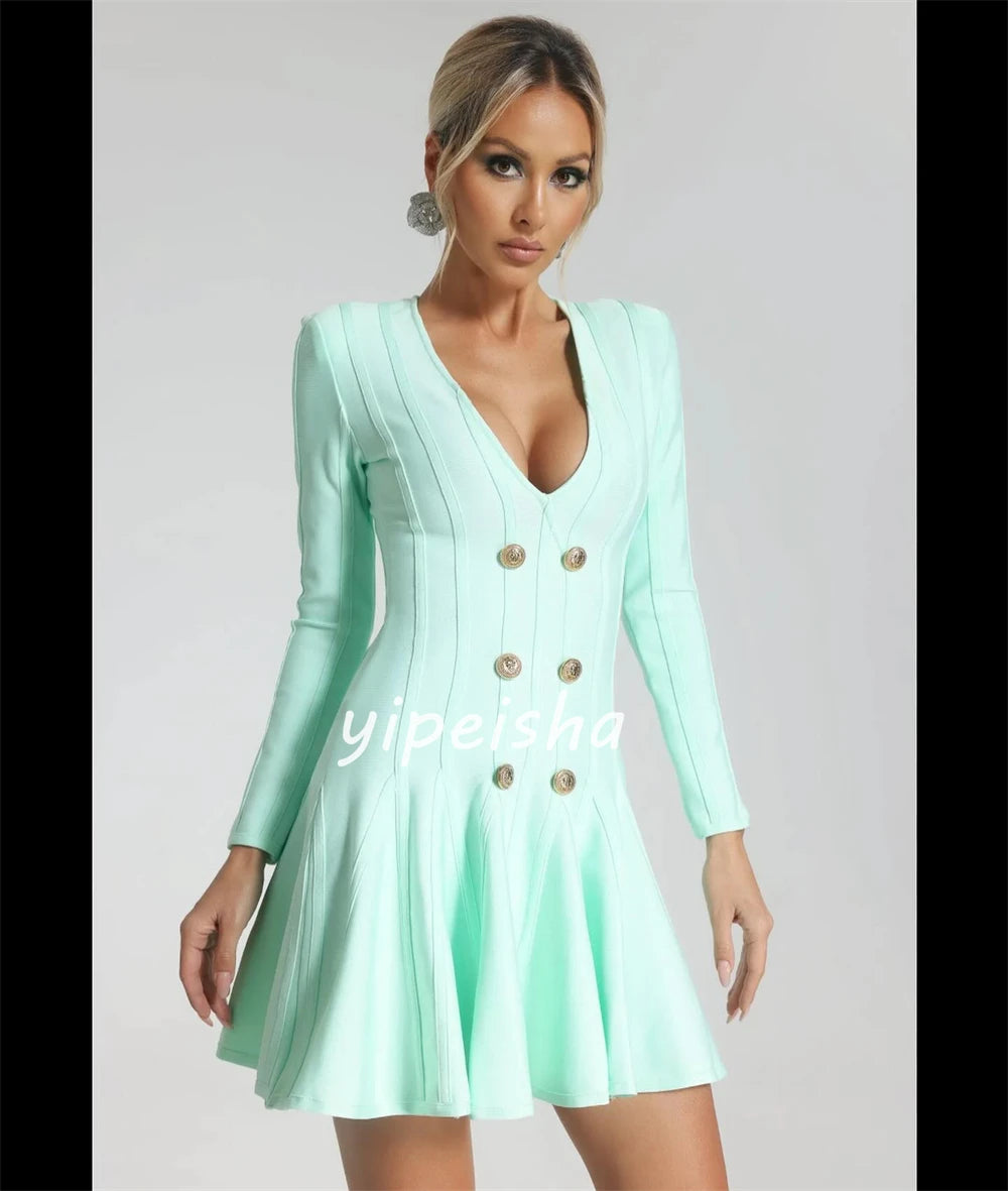 Customized Jersey Sequined Ruched Beach A-line V-neck Bespoke Occasion Gown Mini Dresses