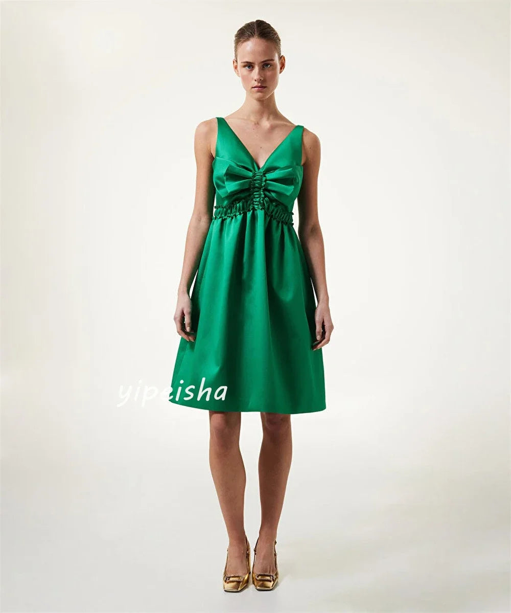 Customized Satin Bow Draped Formal Evening A-line V-neck Bespoke Occasion Gown Knee Length Dresses