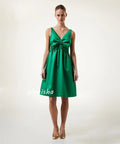 Customized Satin Bow Draped Formal Evening A-line V-neck Bespoke Occasion Gown Knee Length Dresses