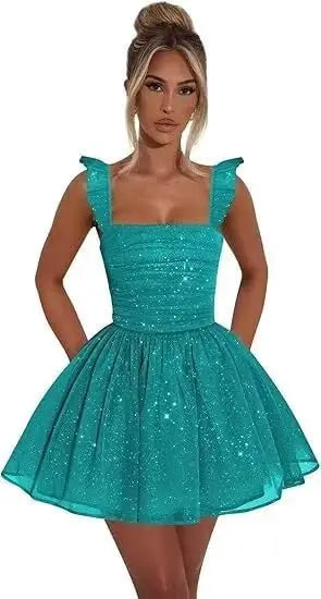 Sexy Tulle Homecoming Dress 2026 with Flutter Straps Square Neck A-Line Short Prom Dress Sparkly for Teens Graduation Mini Dress