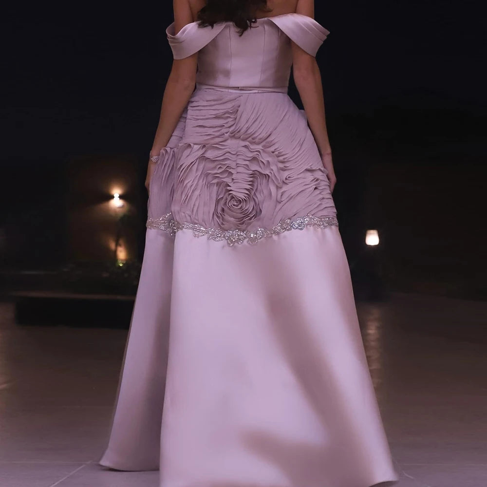 Customized A-line Evening Dresses Floor-length Off The Shoulder Sleeveless Prom Gown Fashion Flowers Sequined Draped Party Gown