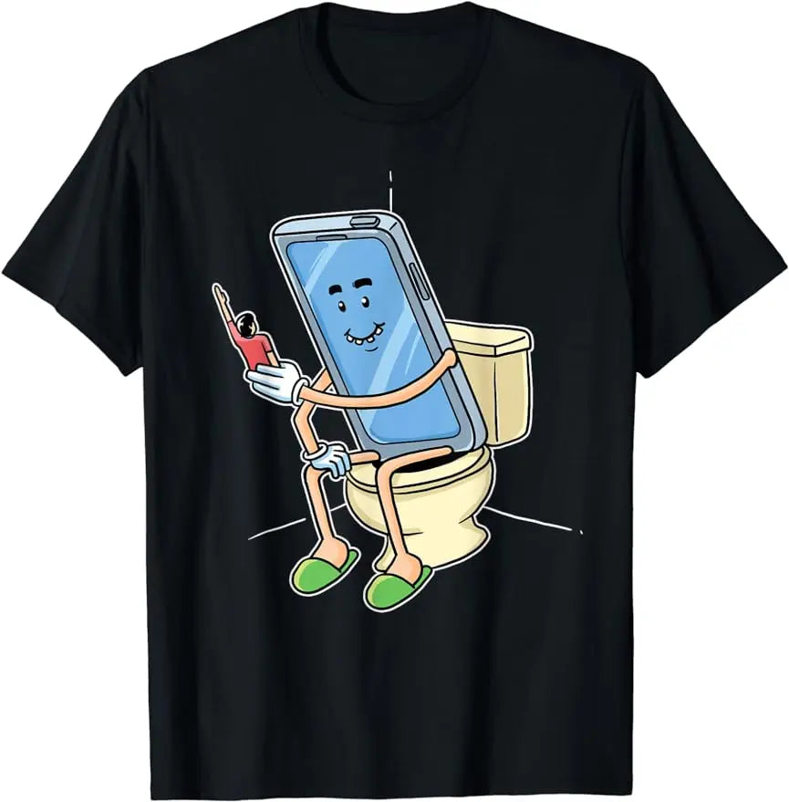 Funny Using Smart Phone on The Toilet Cell Mobile Phone T-Shirt Short-sleev Summer Fashion Tee Casual Streetwear Tops