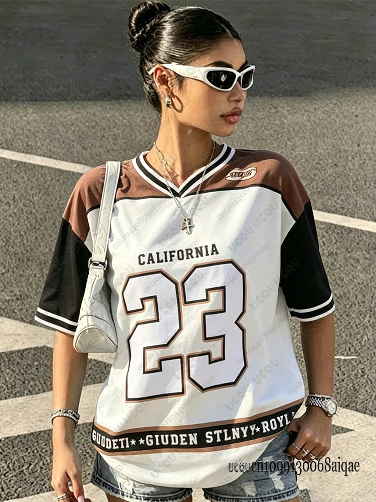 2026 Summer Black Speed 23 Printed T-Shirt For Women V-Neck Short Sleeve Sports Football Jersey Y2K Loose Oversized Tops