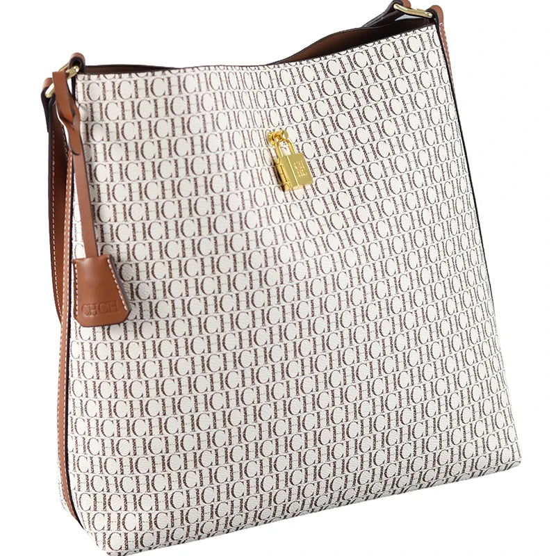 CH Brand Women Bucket Bag 2026 New Retro Monogram Print Shoulder Crossbody Bag Fashion Large Capacity Lock Decor Handbag