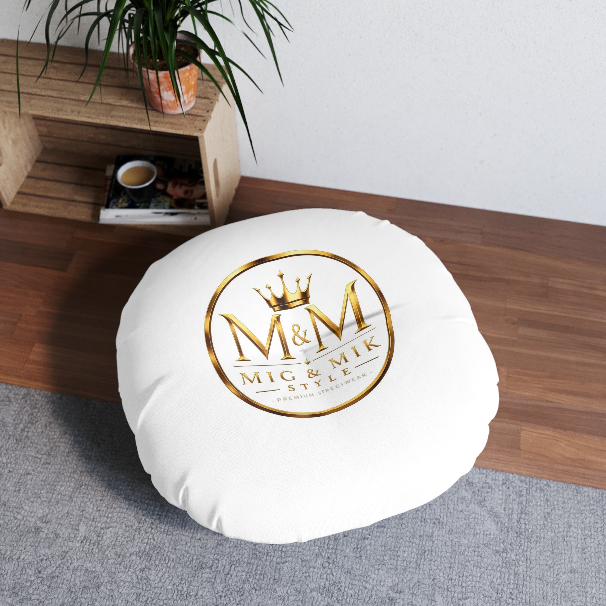 Round Tufted Floor Pillow — Gold "M & M Mig & Mik Style" Logo Cushion