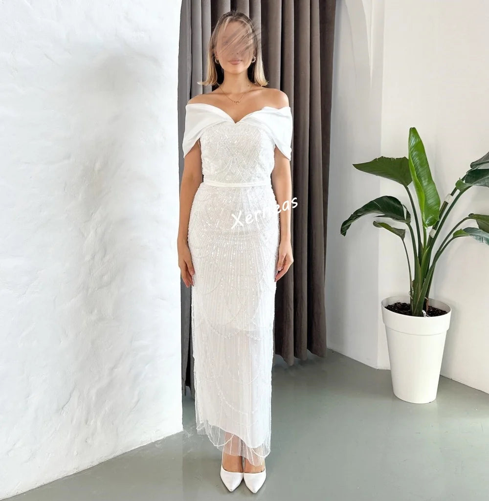 Customized Chiffon Sequined Beading Off-the-shoulder Straight Midi Dress Bespoke Occasion Engagement Woman Elegant Party Glitter