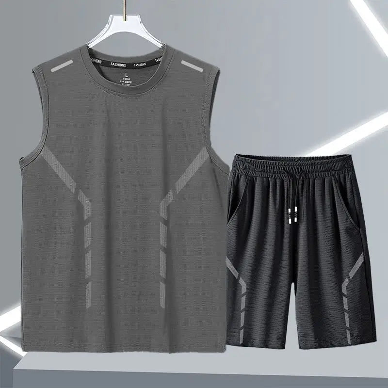 Men's Ice Silk Mesh 2-Piece Sleeveless T-Shirt and Shorts Casual Summer Set