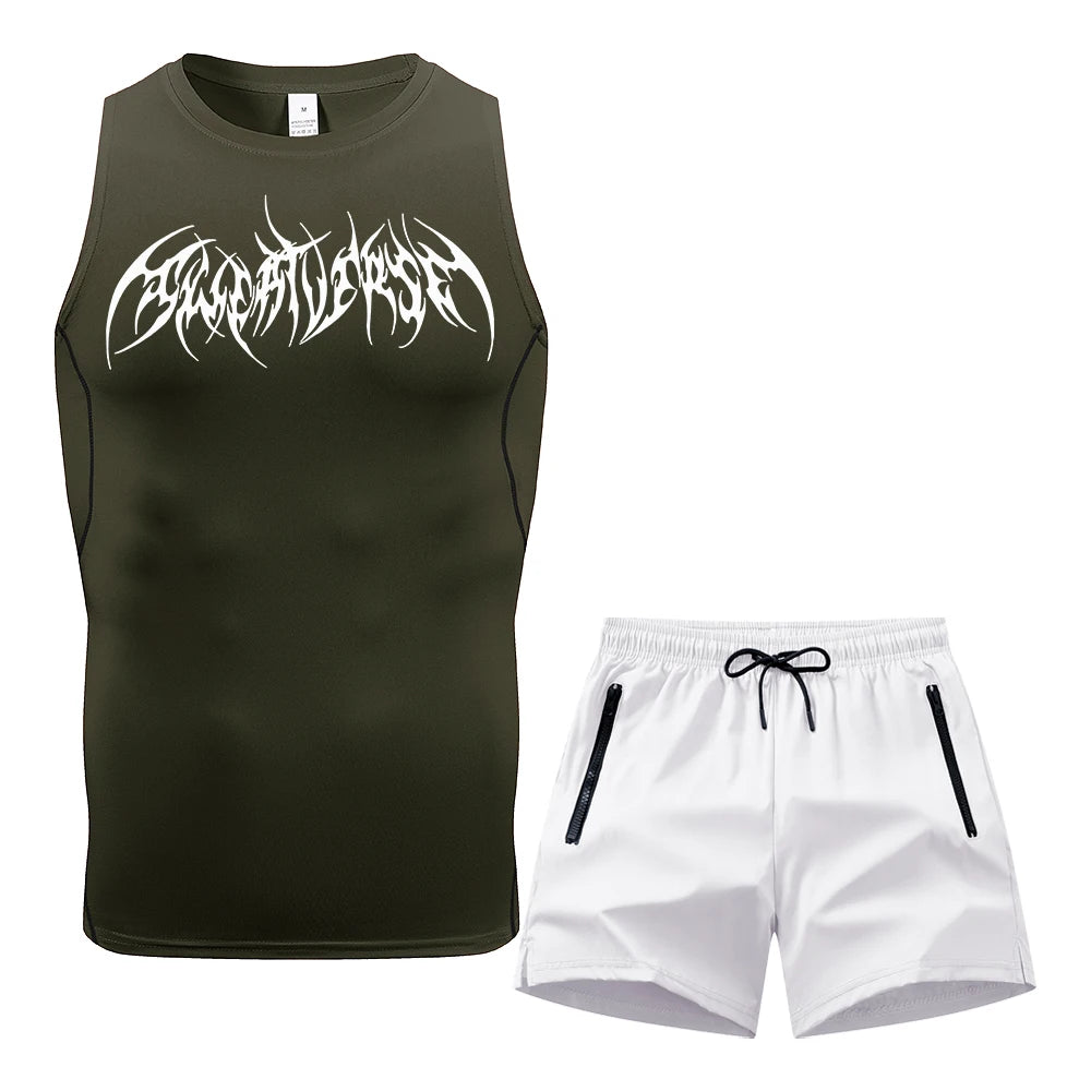 Men Compression Training Set Sleeveless Tank Top Wing Spiky Text Print Double Zipper Pocket Shorts Quick Dry Athletic Gym Suit