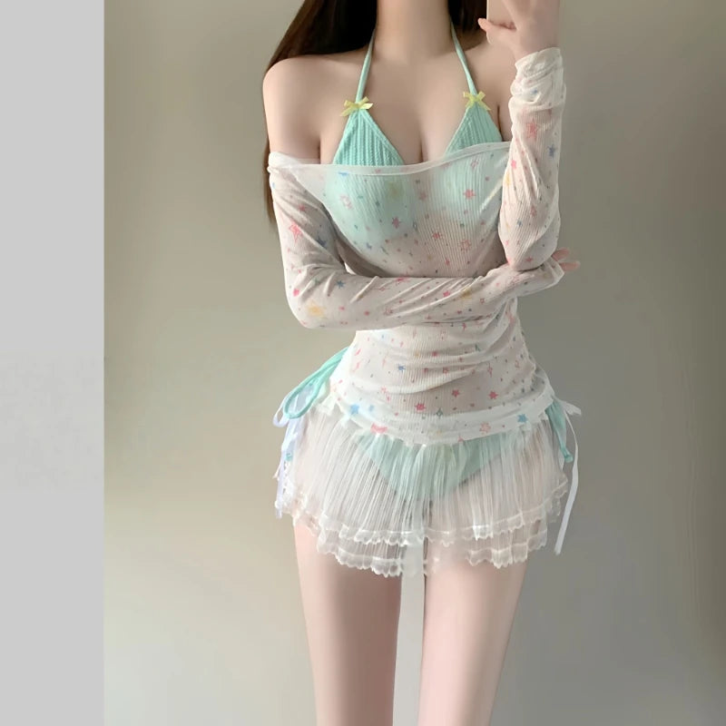 2026 New Summer Women's Korean Style Bikini Set Sweet Girl Beach Vacation Swimsuit Slimming Long Sleeve Cover Up