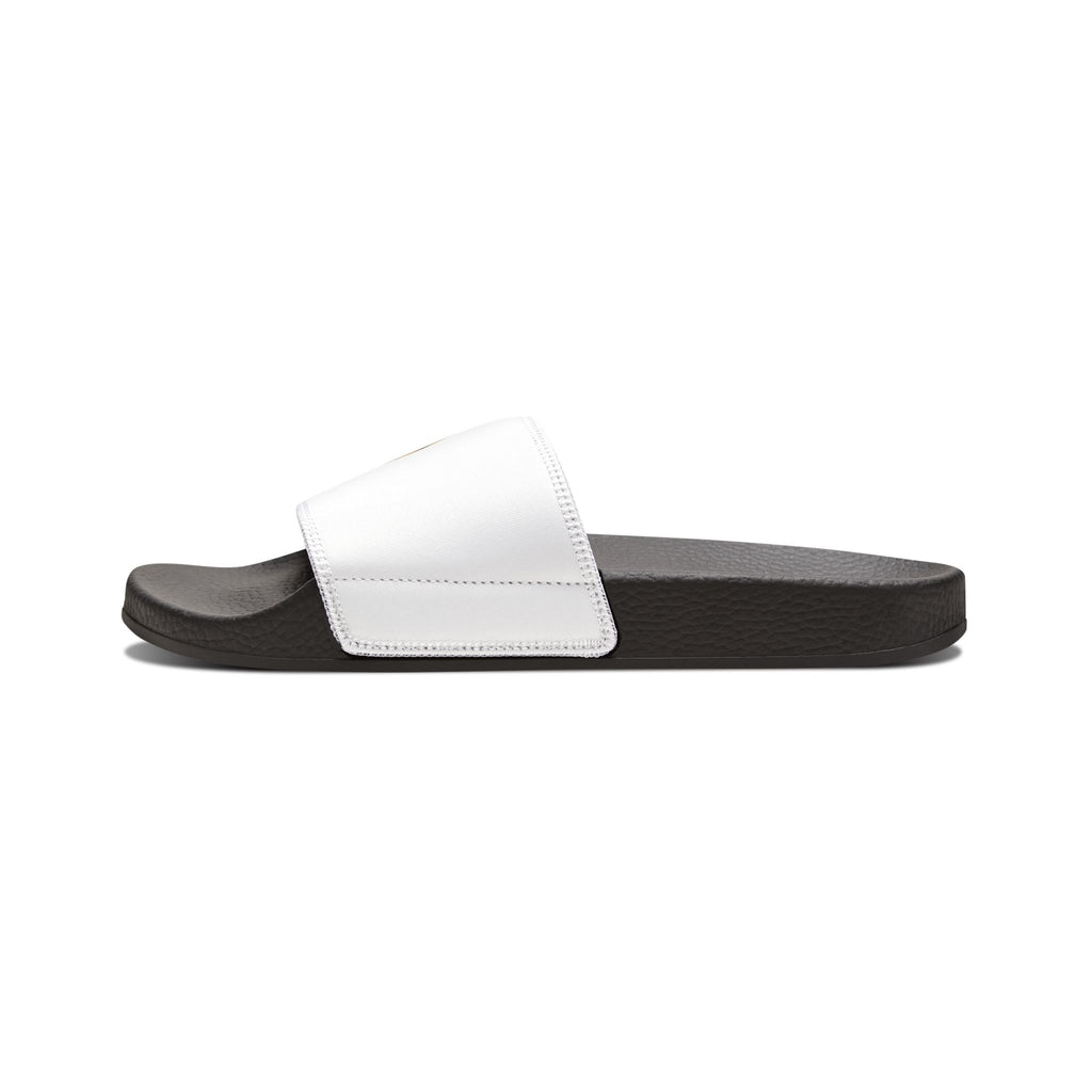 Women's Removable-Strap Sandals — White Slide Sandals with Gold Emblem