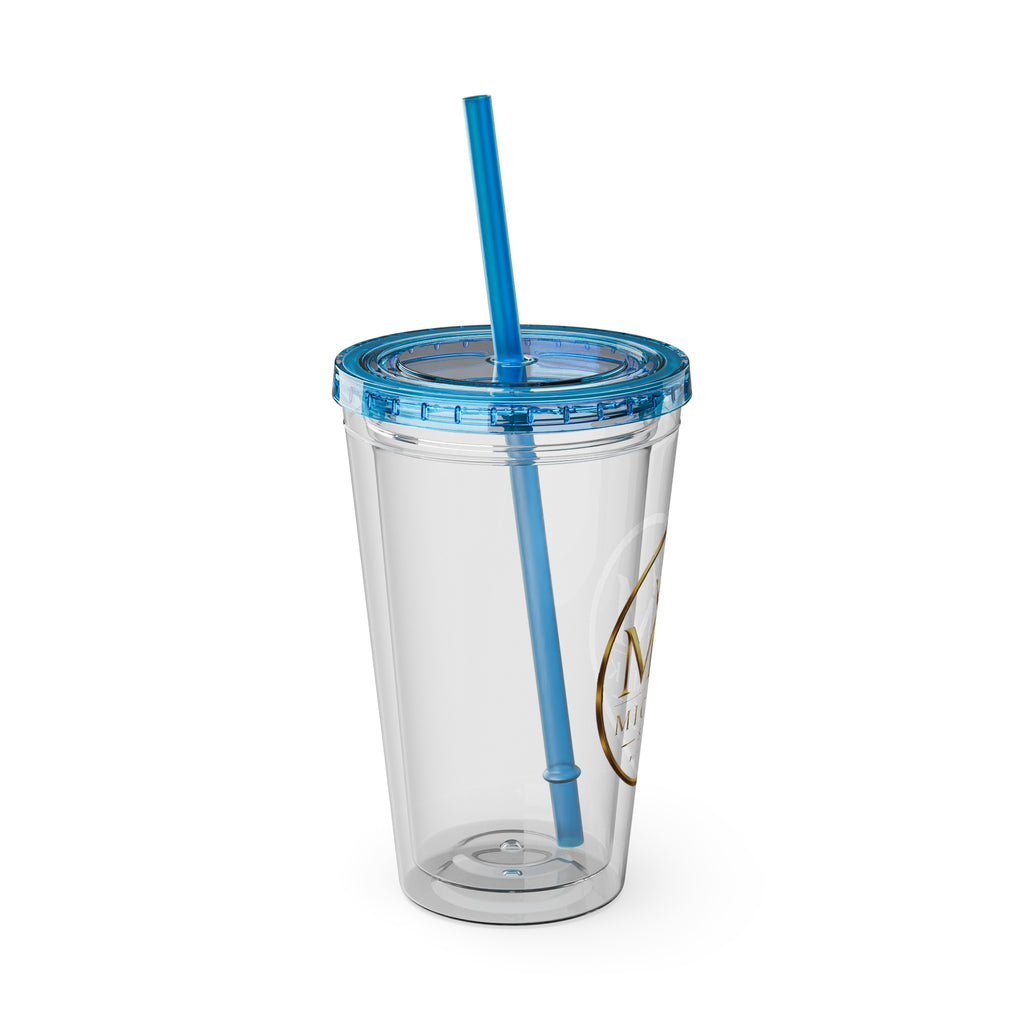 16oz Clear Tumbler with Straw — Gold Monogram 'MM' Crown Logo