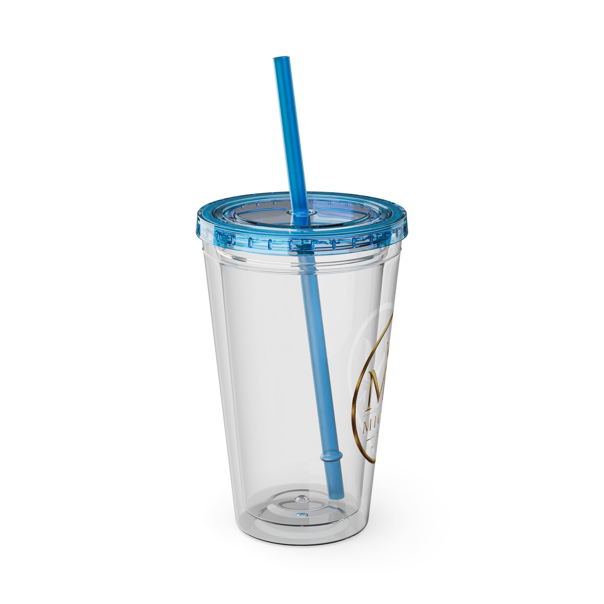16oz Clear Tumbler with Straw — Gold Monogram 'MM' Crown Logo