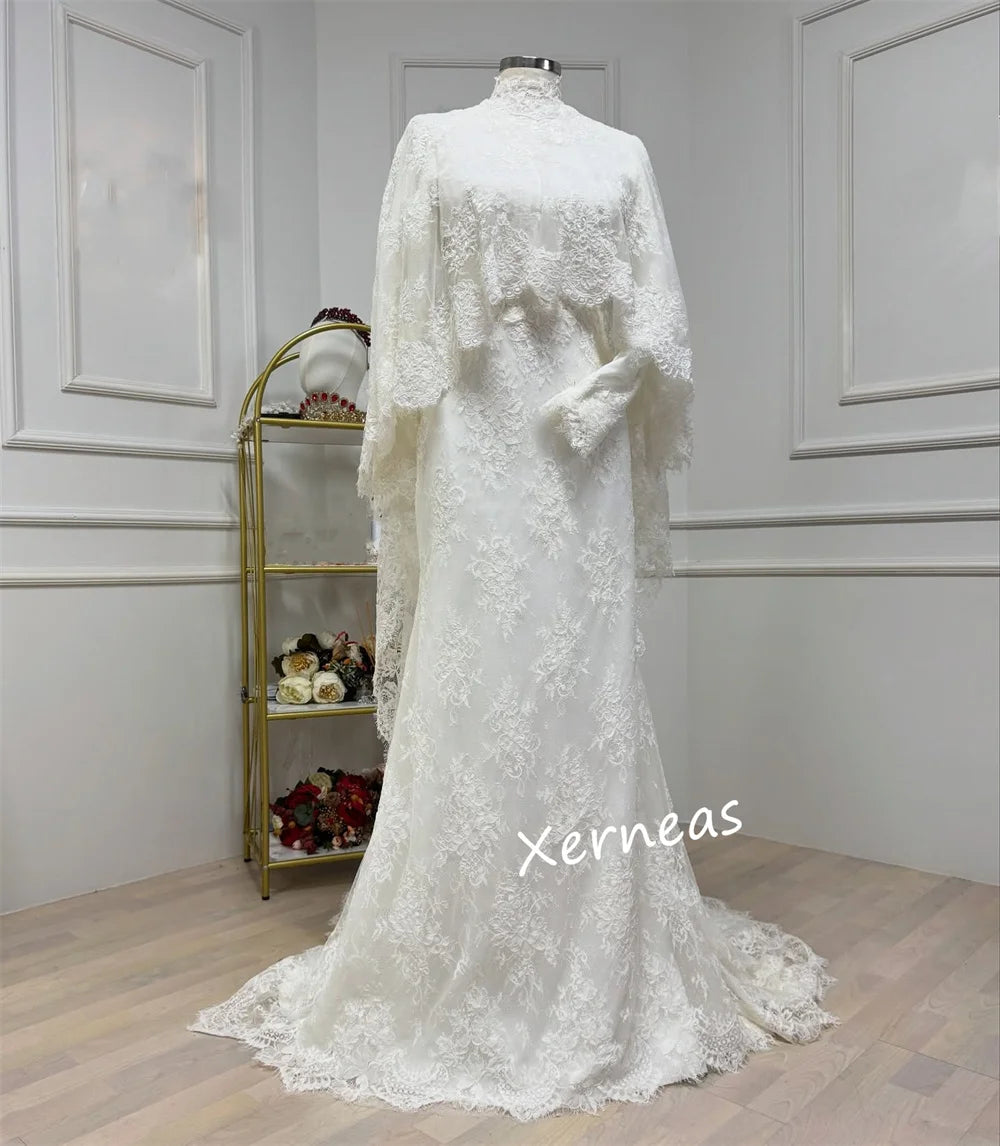 Customized Lace High Collar Trumpet Floor-length Bespoke Occasion Woman Elegant Shawl Wedding Prom Dresses  High Quality