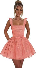 Sexy Tulle Homecoming Dress 2026 with Flutter Straps Square Neck A-Line Short Prom Dress Sparkly for Teens Graduation Mini Dress