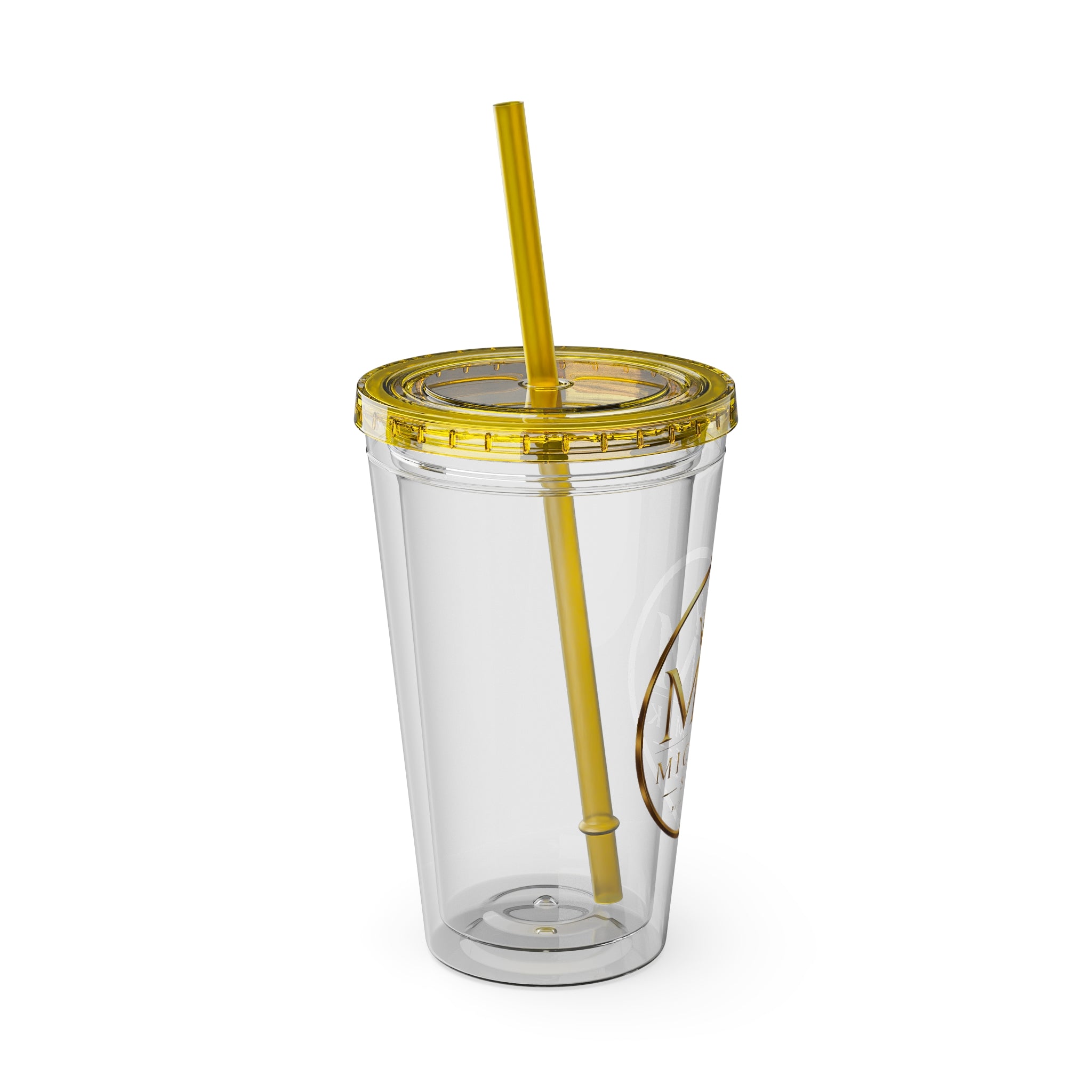 16oz Clear Tumbler with Straw — Gold Monogram 'MM' Crown Logo
