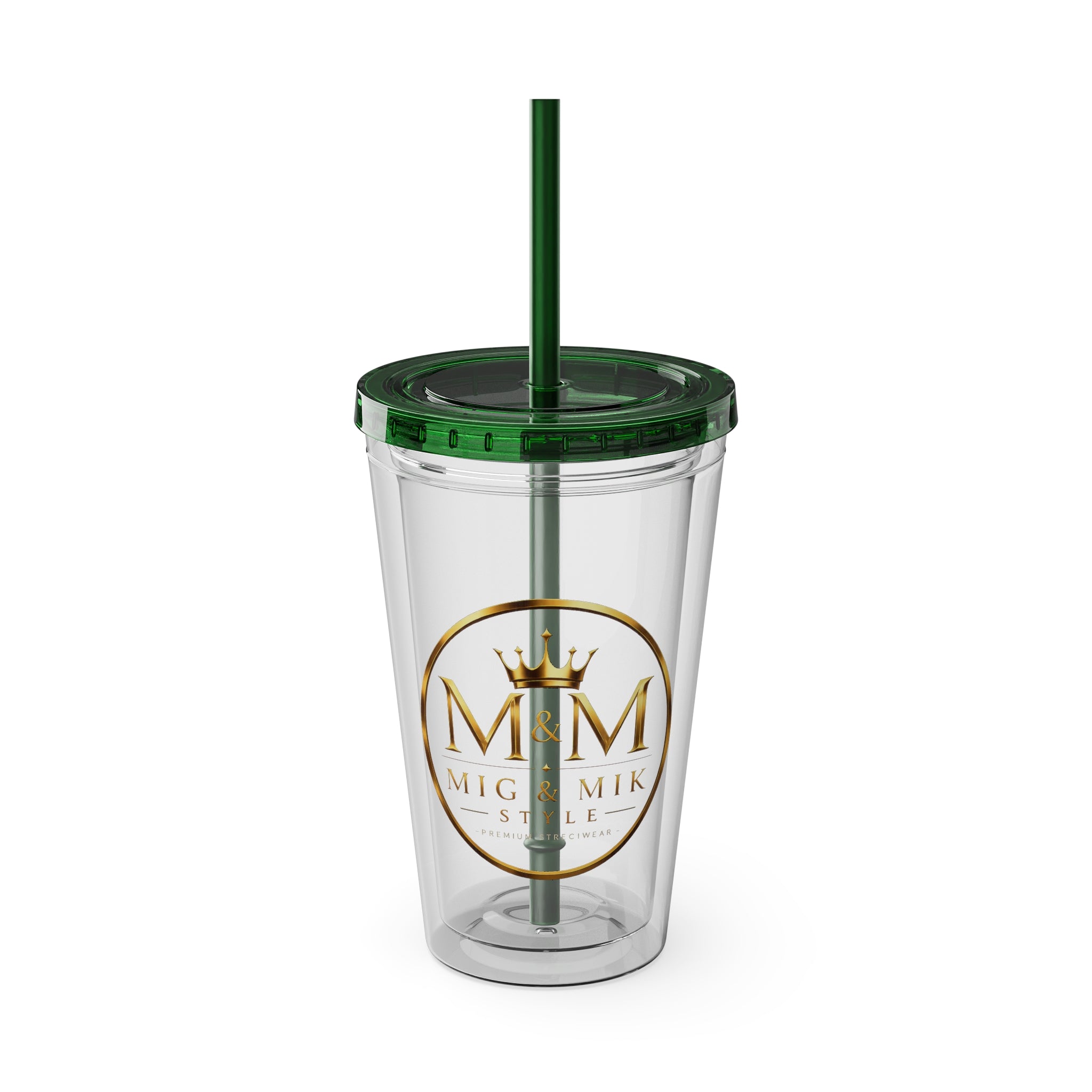16oz Clear Tumbler with Straw — Gold Monogram 'MM' Crown Logo
