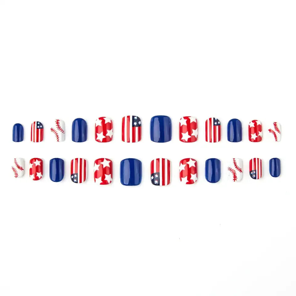 Independence Day Nail Art 24 Pieces Short Square False Nail Y2K Red Blue White Star Wear Armor Removable 66