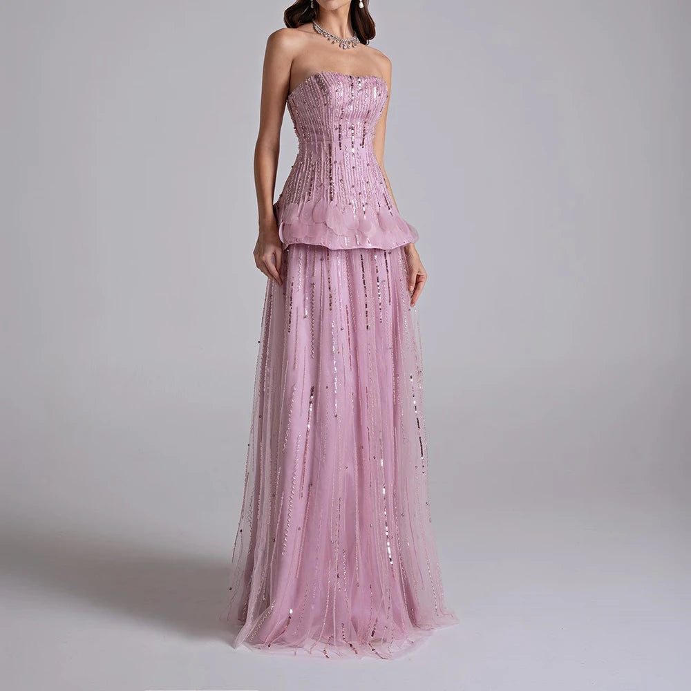 Customized A-line Evening Dresses Floor-length Strapless Sleeveless Prom Gown Fashion Sequined Simple Draped Backless Party Gown