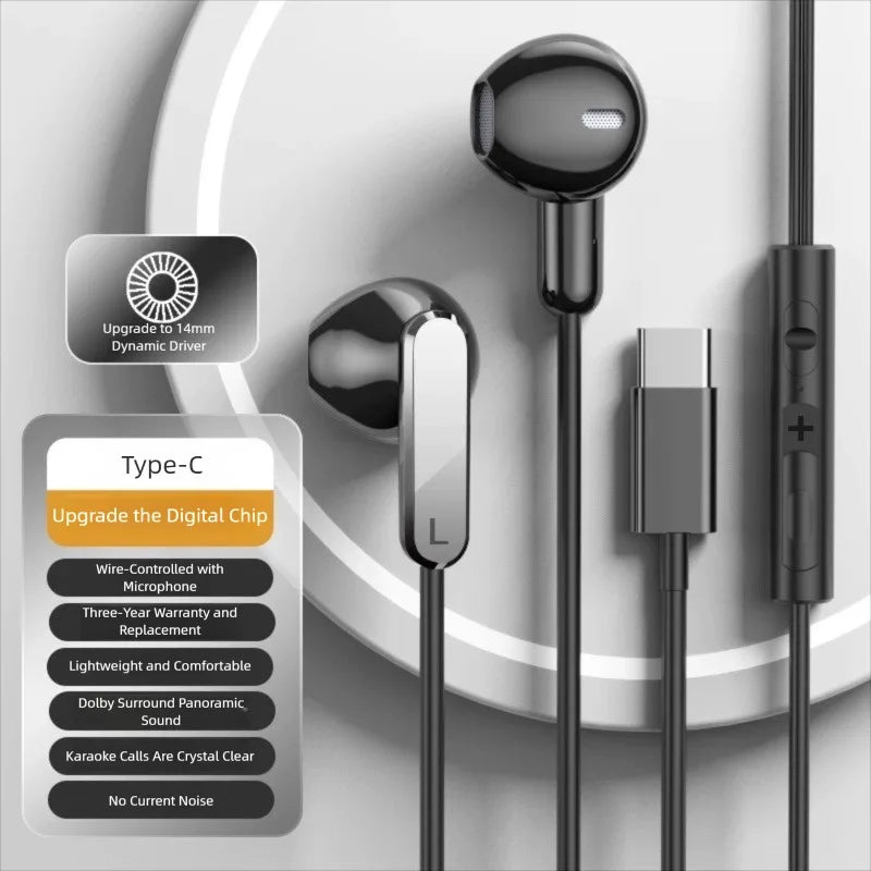 USB Type C Headphones HiFi Bass Stereo Volume Control Wired Earphones 3.5mm Gaming Headsets For iPhone 17 Samsung Galaxy XiaoMi