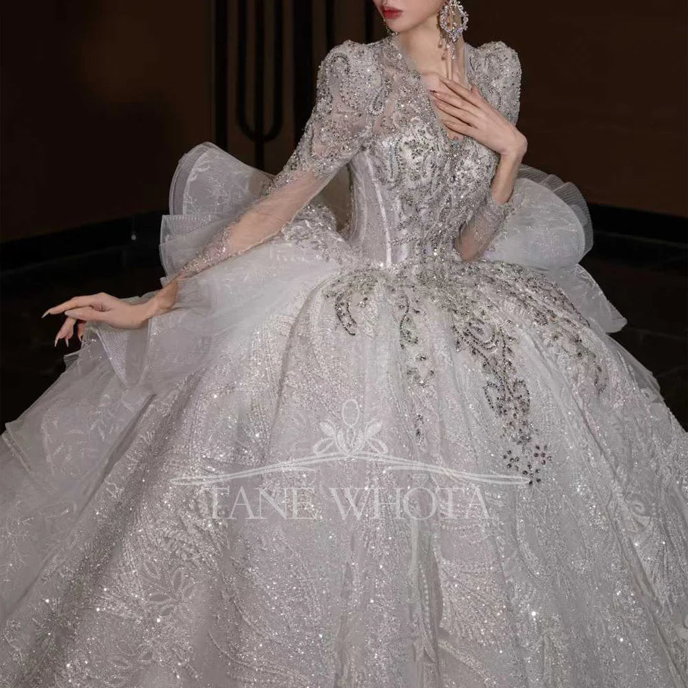 Luxury V Neck Wedding Dress Long Sleeves Lace Up Keyhole Back Embroidered Sequined Beading Customizable Encaje Vestido De Novia