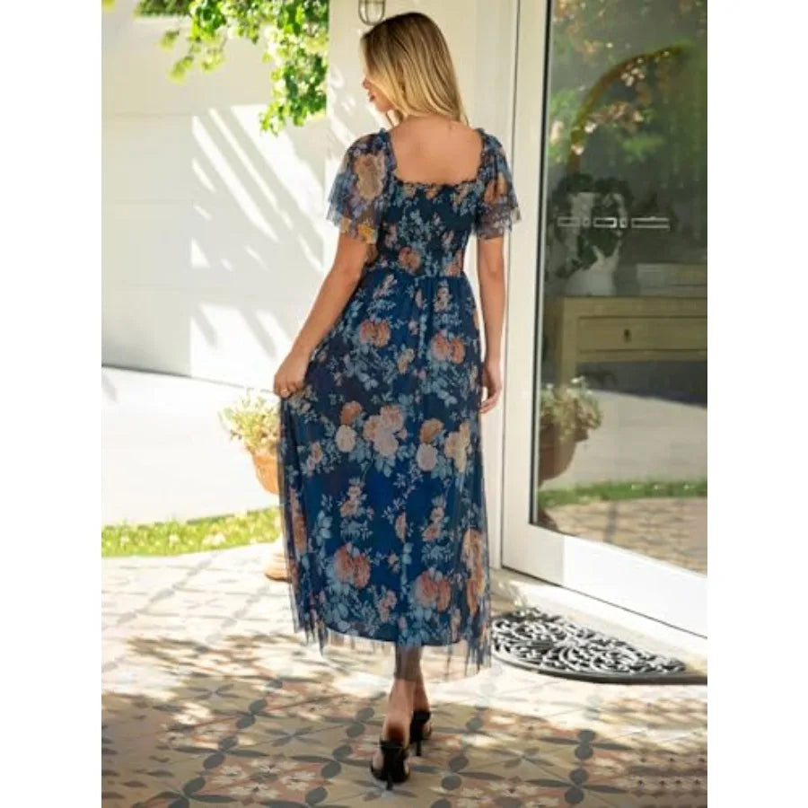 Simplee Womens Floral Maxi Dresses 2026 Summer Square Neck Mesh Short Sleeve Smocked Boho Flowy Wedding Guest Dress