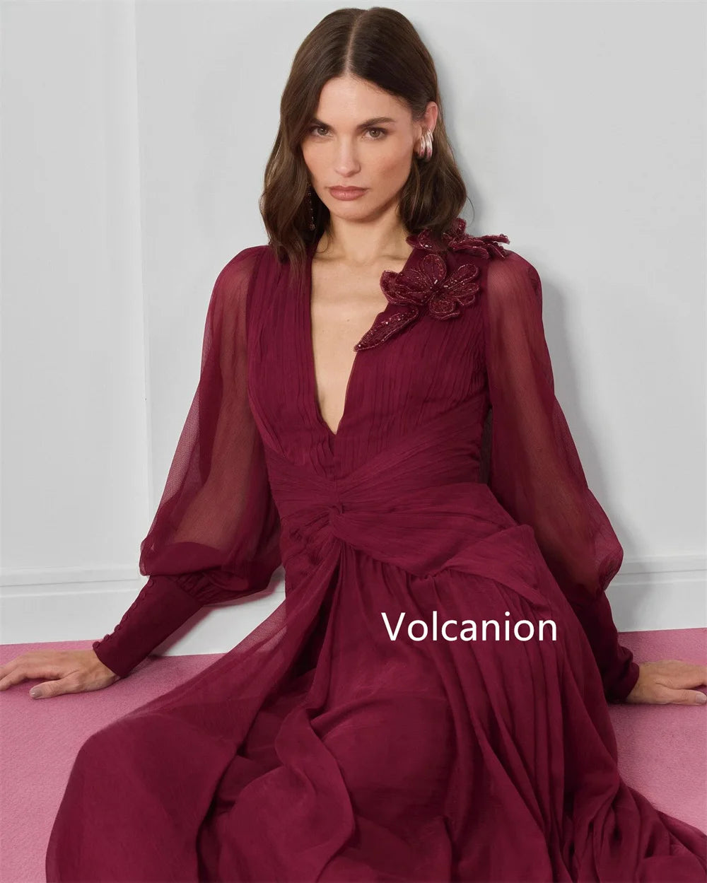 Customized Chiffon Applique Button A-line V-neck Midi Dresses Bespoke Occasion Prom Casual Simple Sizes Available