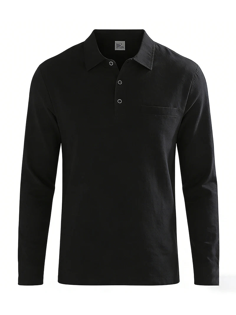 Men's Linen Blend Long Sleeve Polo Shirt with Chest Patch Breathable Lapel Collar Button Placket Casual Tops for Spring Fall