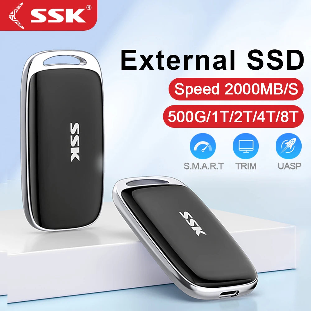 SSK External Hard Drive Portable SSD Drive Up To 2000 MB/s USB 3.2 External Solid State Drives for iPhone Mac Laptops with LED