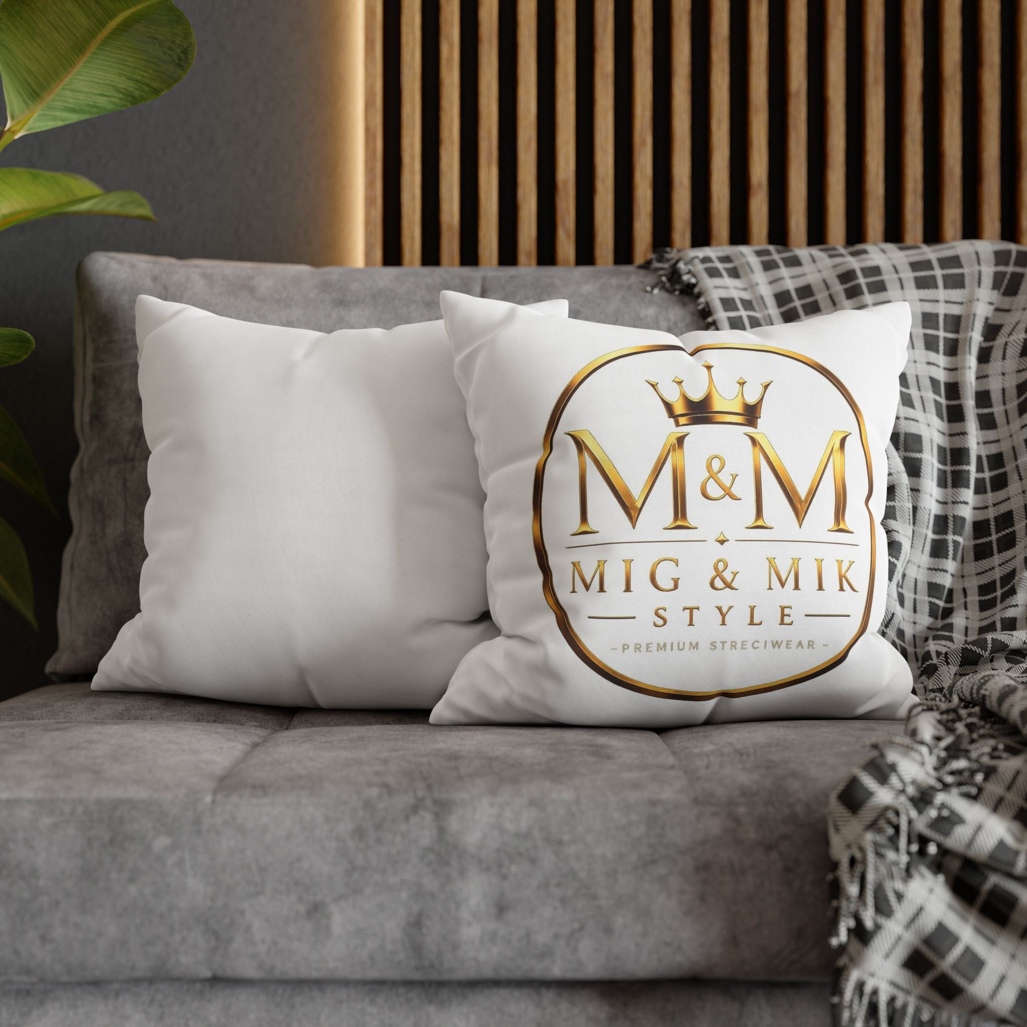 M&M Mig & Mik Gold Crown Decorative Pillowcase — Square Poly Canvas Throw Pillow Cover
