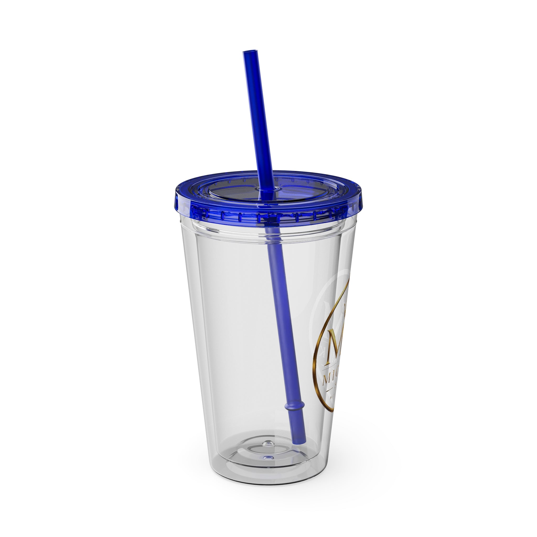 16oz Clear Tumbler with Straw — Gold Monogram 'MM' Crown Logo