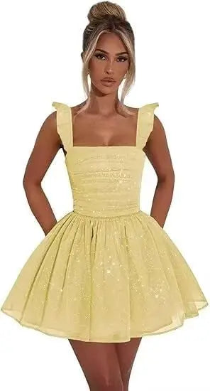 Sexy Tulle Homecoming Dress 2026 with Flutter Straps Square Neck A-Line Short Prom Dress Sparkly for Teens Graduation Mini Dress