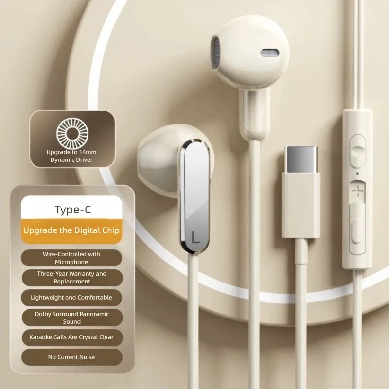 USB Type C Headphones HiFi Bass Stereo Volume Control Wired Earphones 3.5mm Gaming Headsets For iPhone 17 Samsung Galaxy XiaoMi