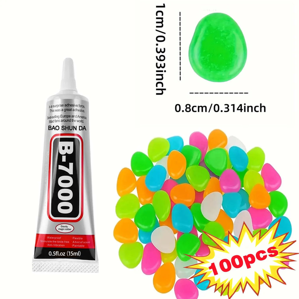200PCS Luminous stone garden fish tank landscape glow-in-the-dark stone decoration artificial fluorescent color pebbles,Glue Kit