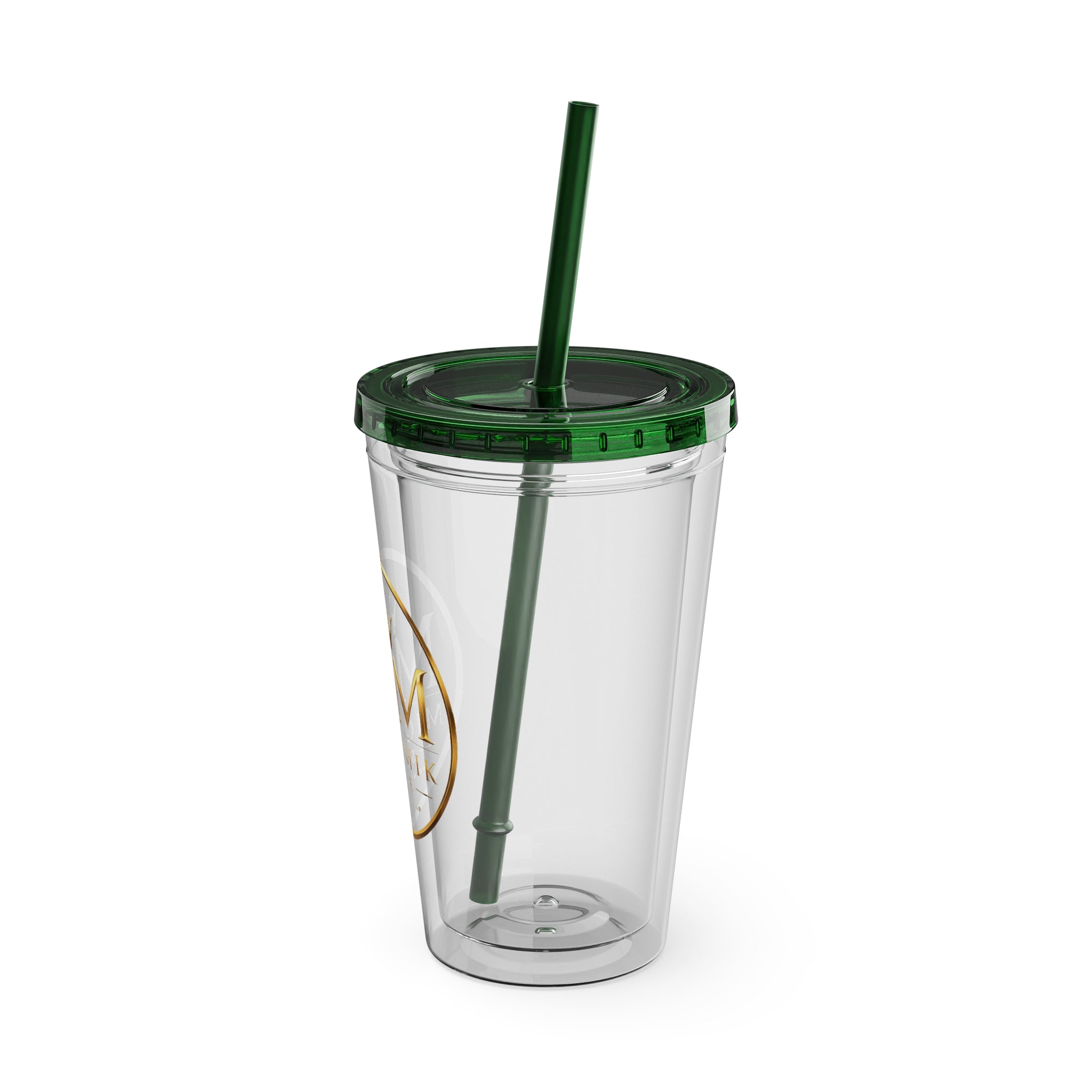 16oz Clear Tumbler with Straw — Gold Monogram 'MM' Crown Logo