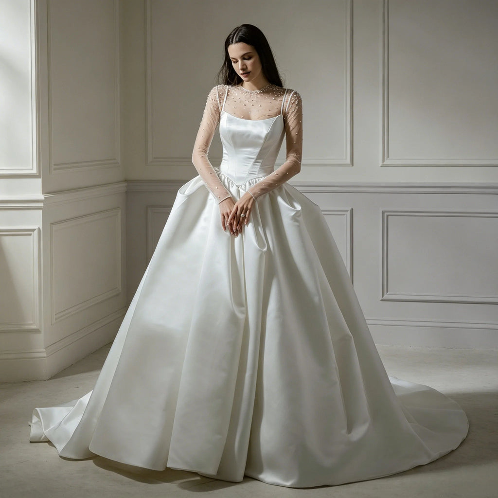Ball gown wedding dress Detachable Pearl Beaded Sheer Long Sleeve basque waist bodice pick up skirt satin Customizable