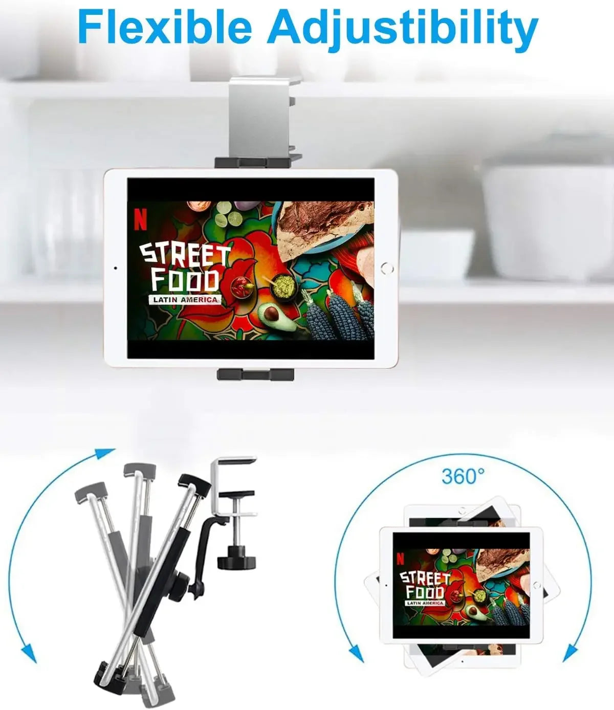 Universal Kitchen Under Cabinet Phone Tablet Holder for 4.7-13 inch Tablets Smartphone Metal Clamp Stand for iPad Air Pro iPhone