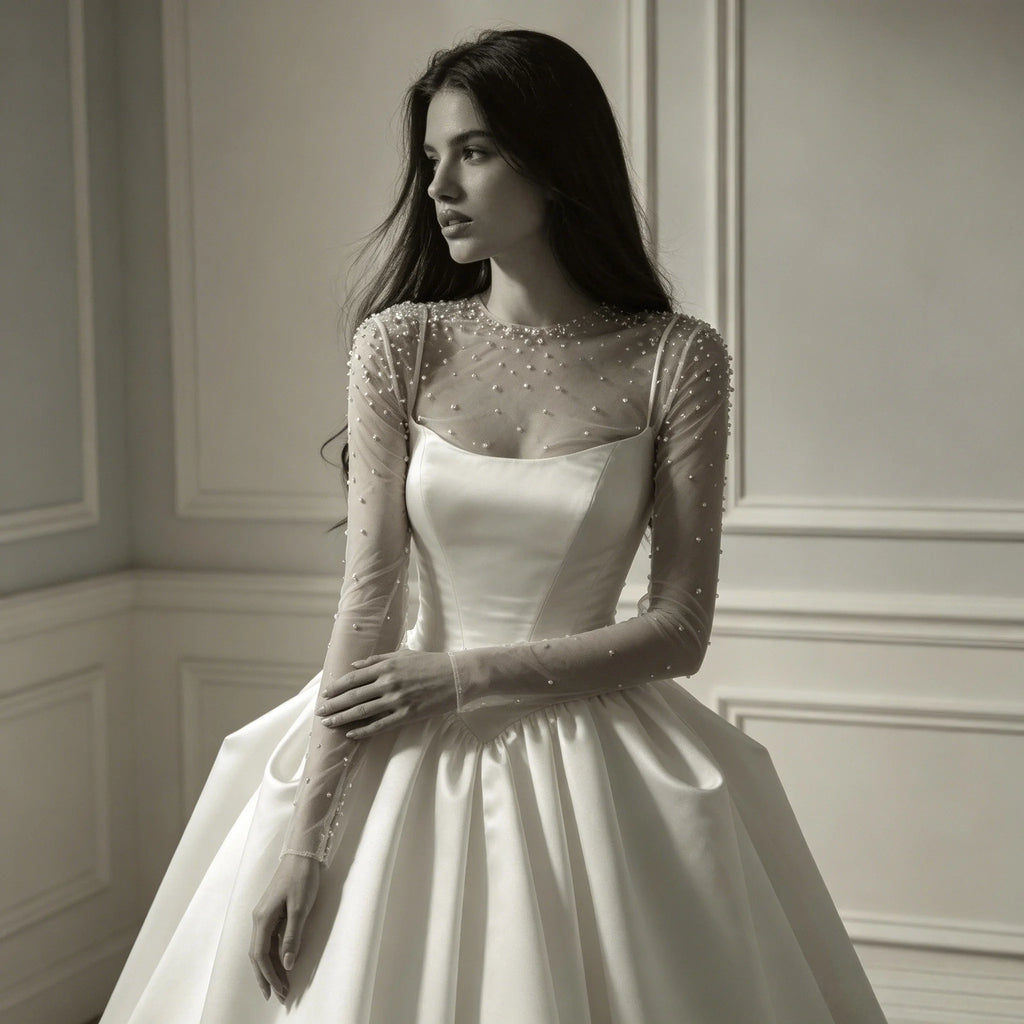 Ball gown wedding dress Detachable Pearl Beaded Sheer Long Sleeve basque waist bodice pick up skirt satin Customizable