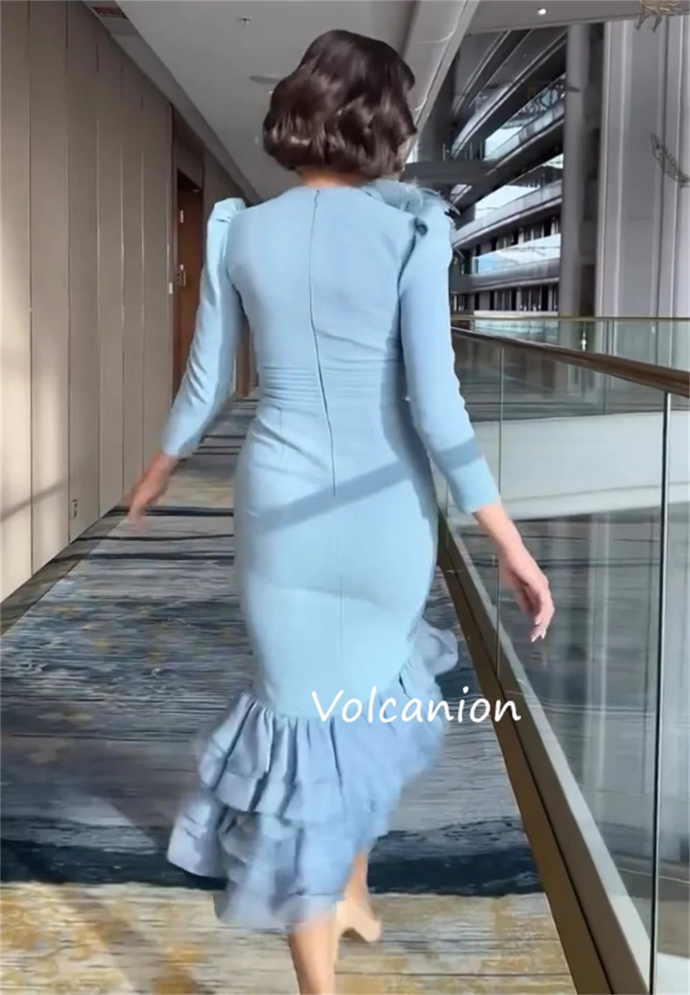 Customized Jersey Button Applique Mermaid V-neck Midi Dresses Bespoke Occasion Evening Fashion Elegant Formal
